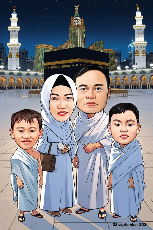 Karikatur keluarga empat orang mengenakan pakaian ihram putih dan biru muda, ibu berhijab putih merangkul ayah dan dua putra kembar berdiri di kedua sisi, dengan latar bangunan Kabah berkelambu hitam bersulam emas dan menara jam raksasa di kejauhan pada malam hari.