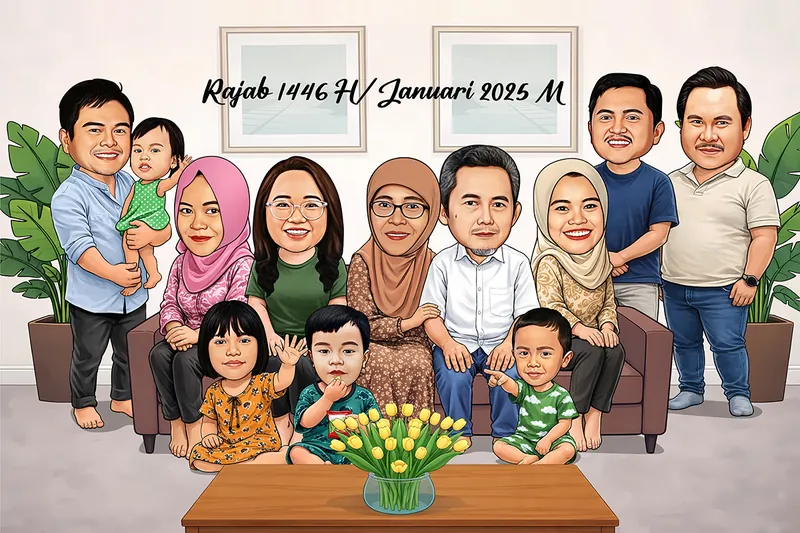 Karikatur keluarga besar yang terdiri dari orang dewasa dan anak-anak sedang berkumpul bersama di ruang keluarga. Beberapa anggota duduk di sofa, sebagian berdiri di belakang, dan anak-anak berada di bagian depan. Suasana dibuat hangat dengan interior rumah, tanaman hias, meja kayu, serta vas bunga tulip. Di bagian atas terdapat tulisan Rajab 1446 H / Januari 2025 M.