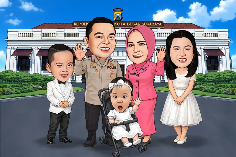 Karikatur seorang anggota polisi berseragam cokelat melambai bersama istrinya berbusana merah muda, seorang anak laki-laki berjas putih, seorang anak perempuan bergaun putih, dan bayi di kereta dorong, di depan gedung kepolisian kota besar
