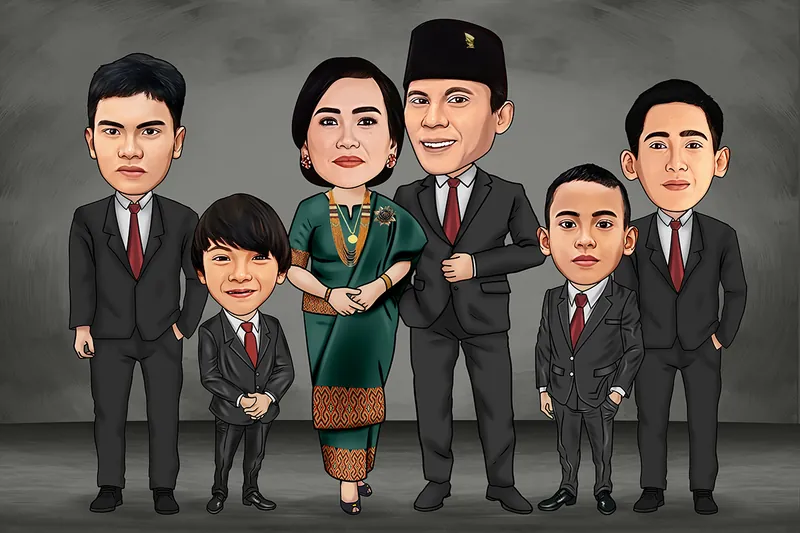 Karikatur keluarga enam orang, ayah mengenakan jas gelap berpeci hitam berlambang emas, ibu berkebaya hijau dengan kain songket keemasan, diapit empat putra berjas dan berdasi merah senada, berdiri berjejer dengan latar abu-abu bertekstur kain.