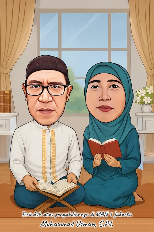 Karikatur sepasang suami istri duduk bersila di lantai kayu sambil membaca kitab, yang pria berbaju koko putih dan berpeci, yang perempuan berbusana hijau kebiruan, dengan jendela besar dan tirai krem di belakang