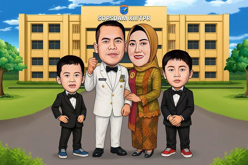 Karikatur seorang perwira berseragam putih dinas upacara berpita jasa bersama istri berkebaya cokelat keemasan dan dua anak laki-laki berjas hitam, berdiri di halaman gedung markas daerah militer