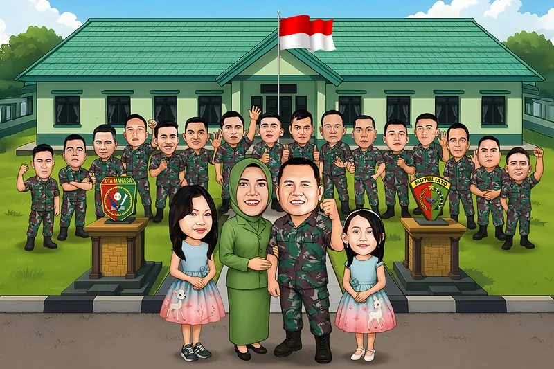 Karikatur seorang komandan berseragam loreng bersama istri berbusana dinas hijau dan dua anak perempuan bergaun biru muda, dengan sekitar dua puluh prajurit berbaris di depan gedung markas beratap hijau