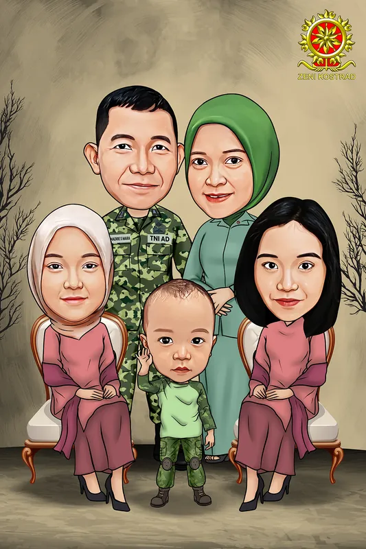 Karikatur keluarga besar berlima, ayah berseragam loreng TNI AD berdiri di tengah bersama istri berhijab hijau dan anak balita berpakaian loreng serupa, diapit dua perempuan berkebaya merah muda duduk di kursi ukir kayu, dengan latar cabang pohon kering bernuansa sephia.