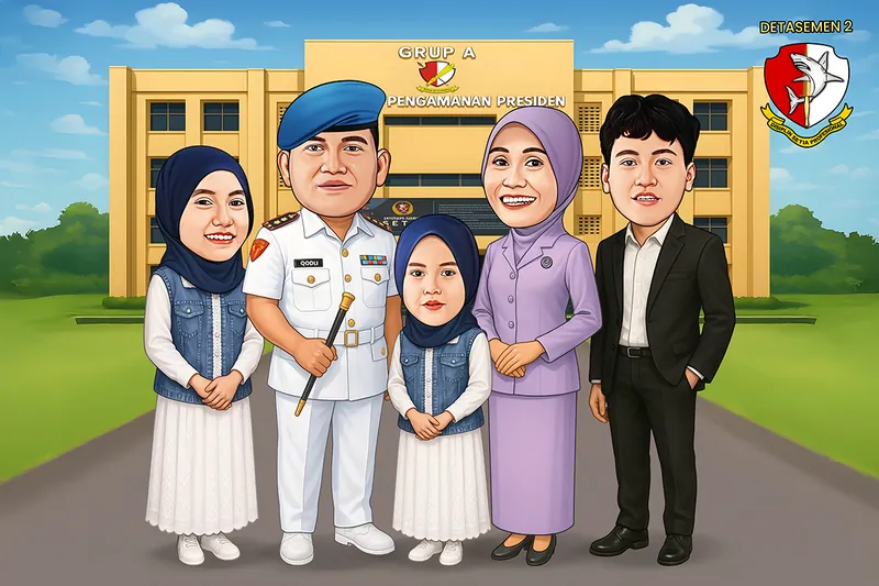 Karikatur keluarga berlima, ayah berseragam putih pasukan pengamanan presiden lengkap dengan baret biru dan tongkat komando, berdiri di tengah bersama istri berkebaya ungu berhijab dan tiga anak berbusana rapi, dengan latar gedung markas berwarna krem bertuliskan nama satuan.