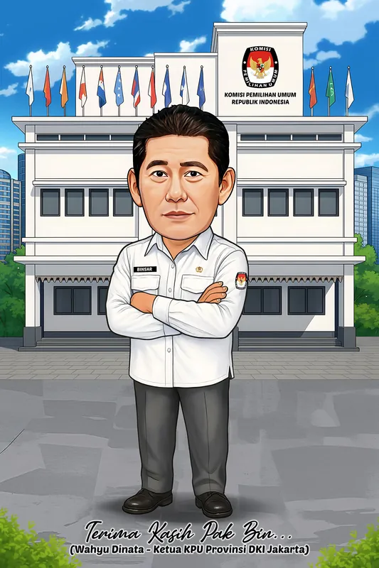 Karikatur seorang pria berkemeja putih berlambang komisi pemilihan berdiri bersedekap di halaman gedung komisi, dengan deretan bendera partai berjajar di atap dan gedung tinggi kota di kedua sisi