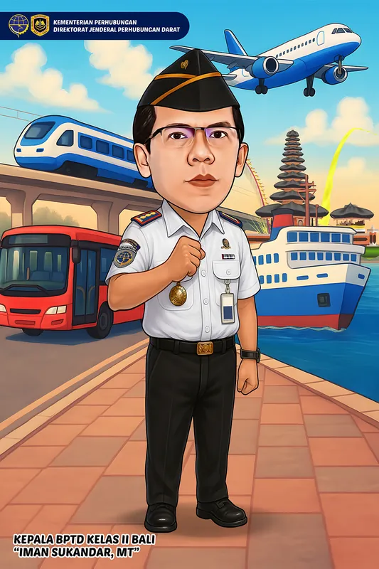 Karikatur kepala balai berseragam putih perhubungan dan berpeci hitam berdiri tegak, dikelilingi bus kota, kereta layang, pesawat lepas landas, dan kapal feri, dengan pura serta penjor Bali di sebelah kanan