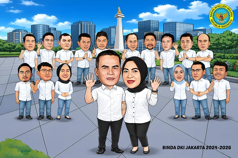 Karikatur delapan belas orang berkemeja putih dan bercelana gelap berdiri di plaza, dengan sepasang suami istri di barisan paling depan dan tugu monumen nasional serta gedung tinggi Jakarta di belakang