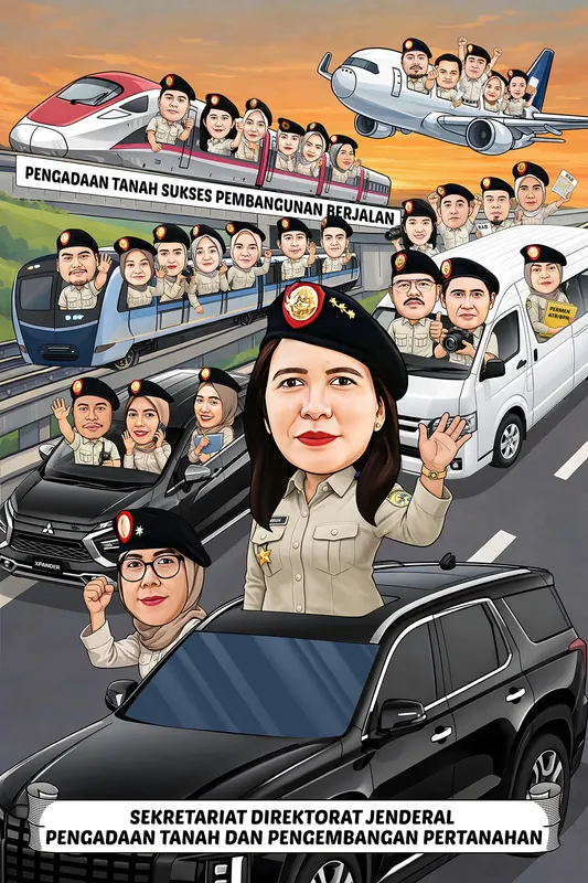 Karikatur pejabat perempuan berbaret berdiri lewat atap mobil dinas hitam, dikelilingi sekitar dua puluh lima staf yang menumpang kereta cepat, MRT, pesawat, dan mobil operasional di jalan tol saat senja