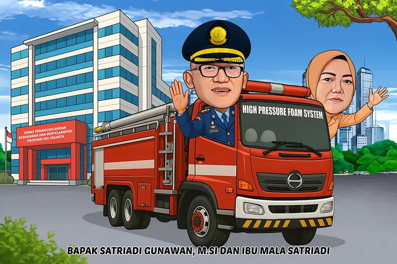 Karikatur kepala dinas bertopi pet berseragam biru tua melambai dari kabin mobil pemadam kebakaran merah, dengan istrinya di sisi kanan dan gedung dinas di belakang