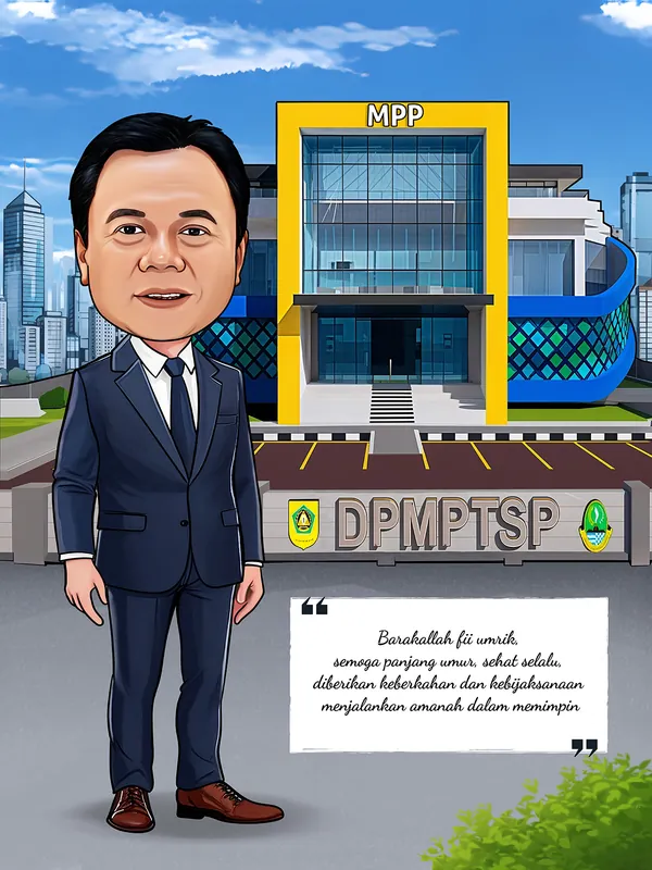 Karikatur seorang pria berjas biru tua berdiri di halaman parkir gedung mal pelayanan publik, dengan kotak kutipan doa di sebelah kanan bawah dan gedung tinggi kota di kejauhan