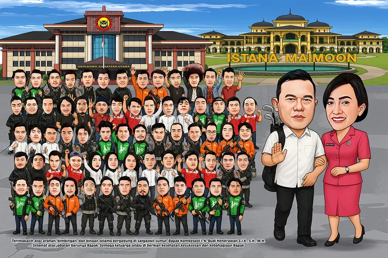Karikatur sekitar enam puluh orang berjaket ojek daring hijau dan oranye, berkaus merah, serta berseragam taktis hitam berkumpul dalam lima baris, dengan sepasang suami istri berdiri terpisah di kanan membawa tas stik golf