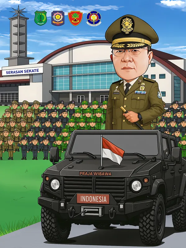 Karikatur kepala satuan bertopi pet berlapis emas memegang tongkat komando berdiri di belakang kendaraan taktis hitam, dengan sekitar lima puluh personel memberi hormat dalam empat baris di depan gedung olahraga