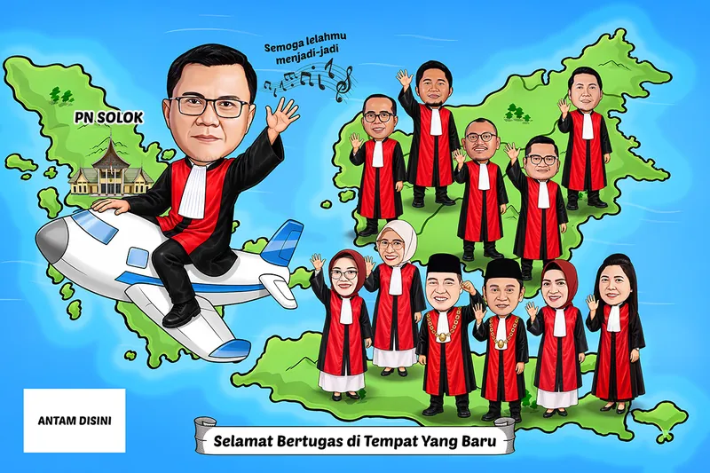 Karikatur hakim bertoga merah menunggangi pesawat terbang melintasi peta Indonesia, dengan sebelas hakim bertoga merah berdiri di atas pulau-pulau dan rumah gadang di sebelah kiri