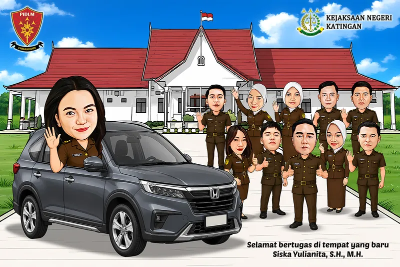 Karikatur jaksa perempuan melambai dari balik kemudi mobil dinas abu-abu, dengan sebelas rekan berseragam cokelat berdiri di halaman kantor kejaksaan beratap joglo merah