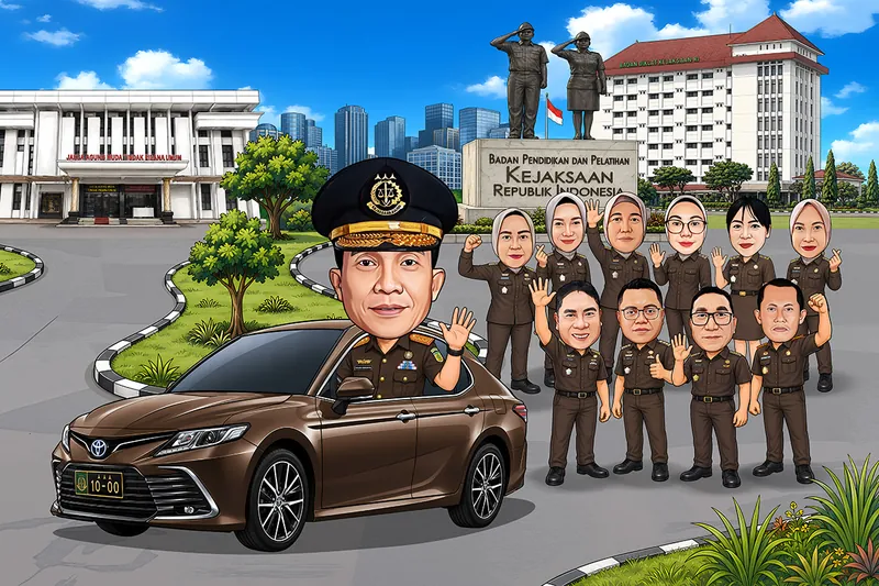 Karikatur seorang pejabat Kejaksaan sebagai tokoh utama berada di dalam mobil sedan berwarna cokelat sambil melambaikan tangan. Di belakangnya terdapat sejumlah rekan kerja pria dan wanita mengenakan seragam Kejaksaan yang memberikan gestur salam, jempol, dan semangat. Latar menampilkan kompleks Badan Pendidikan dan Pelatihan Kejaksaan Republik Indonesia, gedung Jaksa Agung Muda Tindak Pidana Umum, monumen, pepohonan, serta kawasan perkotaan.