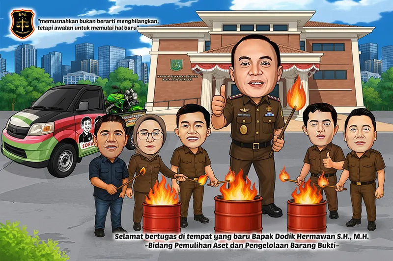 Karikatur jaksa berseragam cokelat mengacungkan jempol sambil memegang obor, dikelilingi lima rekan yang membakar tiga drum merah berisi barang bukti di halaman kantor kejaksaan negeri