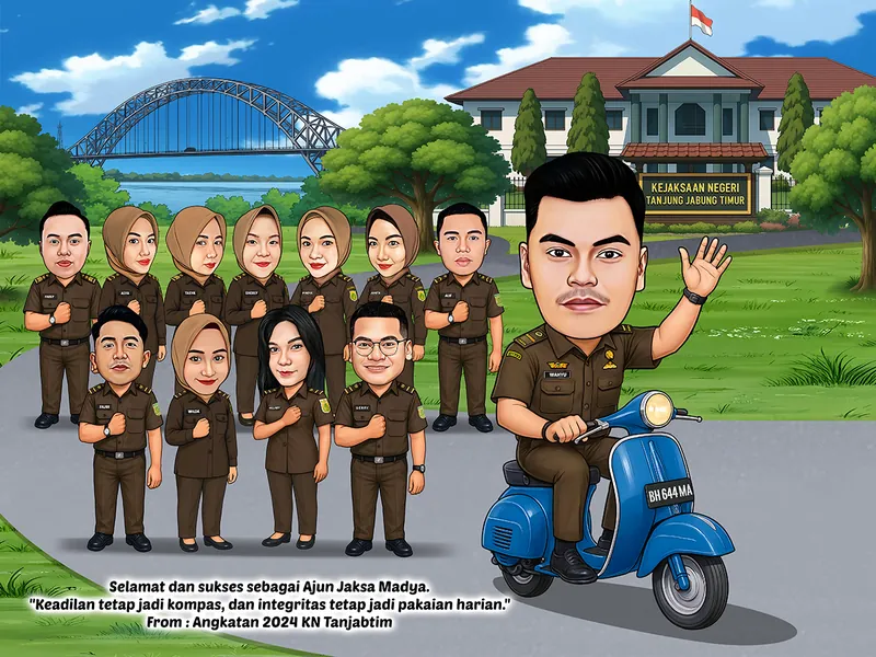 Karikatur jaksa berseragam cokelat mengendarai vespa biru di halaman kantor kejaksaan negeri, dengan dua belas rekan berseragam sama berdiri di rumput dan jembatan lengkung baja membentang di kejauhan