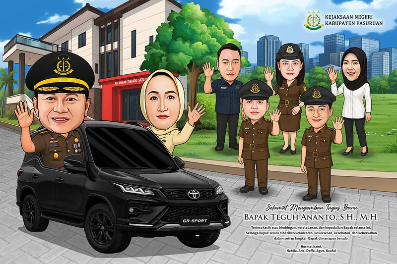 Karikatur kepala kejaksaan bertopi pet melambai dari mobil dinas hitam bersama istri, dengan lima jaksa berseragam cokelat berdiri di taman depan kantor pelayanan terpadu