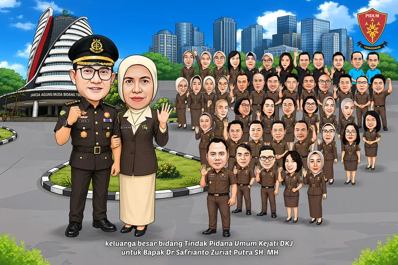 Karikatur jaksa bertopi pet hitam berlapis emas bersama istri berbusana cokelat krem berdiri di halaman gedung kejaksaan tinggi, dengan sekitar empat puluh lima jaksa berseragam cokelat berbaris berlapis di sebelah kanan