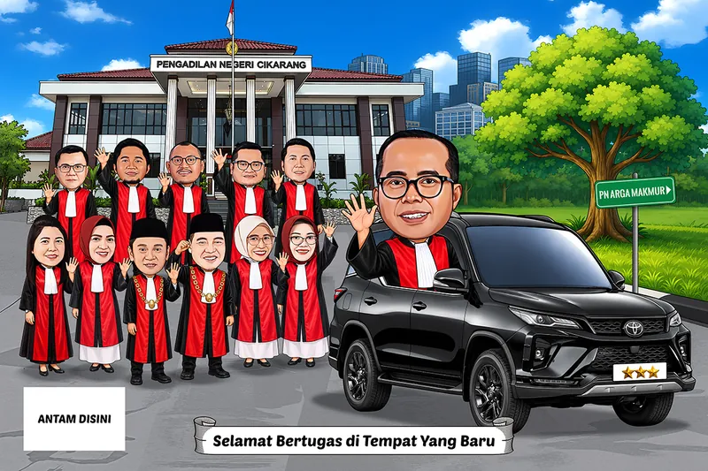 Karikatur hakim bertoga merah melambai dari mobil dinas hitam berpelat tiga bintang, dengan sebelas hakim bertoga merah berbaris di depan gedung pengadilan negeri dan papan penunjuk arah ke pengadilan tujuan