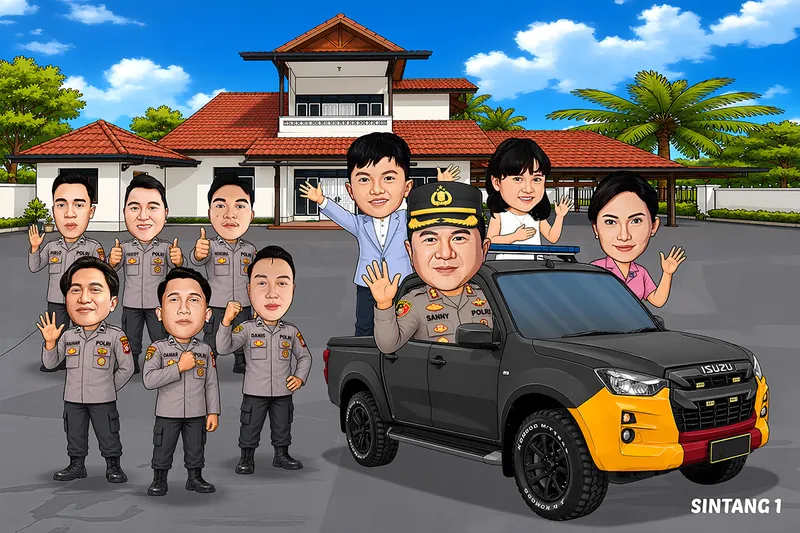 Karikatur kapolres melambai dari dalam mobil bak berlivery kuning hitam bersama istri dan dua anaknya, dengan enam anggota berseragam abu-abu berdiri di halaman rumah dinas