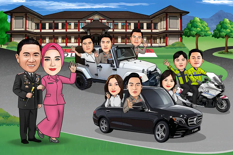 Karikatur perwira berseragam dinas gelap memegang tongkat komando bersama istri berbusana merah muda, dengan tujuh anggota menumpang jip putih, sedan hitam, dan motor patroli besar di halaman markas kepolisian