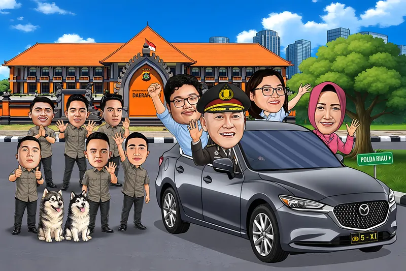 Karikatur seorang anggota polisi berseragam lengkap sedang berada di dalam mobil sambil melambaikan tangan kepada rekan-rekan kerjanya. Di sekeliling mobil terdapat beberapa pria dan wanita yang ikut melambaikan tangan, dua ekor anjing, serta latar gedung kepolisian dengan papan petunjuk bertuliskan Polda Riau.