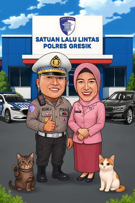 Karikatur perwira lalu lintas bertopi pet putih berdiri bersama istri berbusana dinas merah muda di depan kantor satuan, dengan mobil patroli di kiri, sedan hitam di kanan, dan dua ekor kucing duduk di kaki mereka