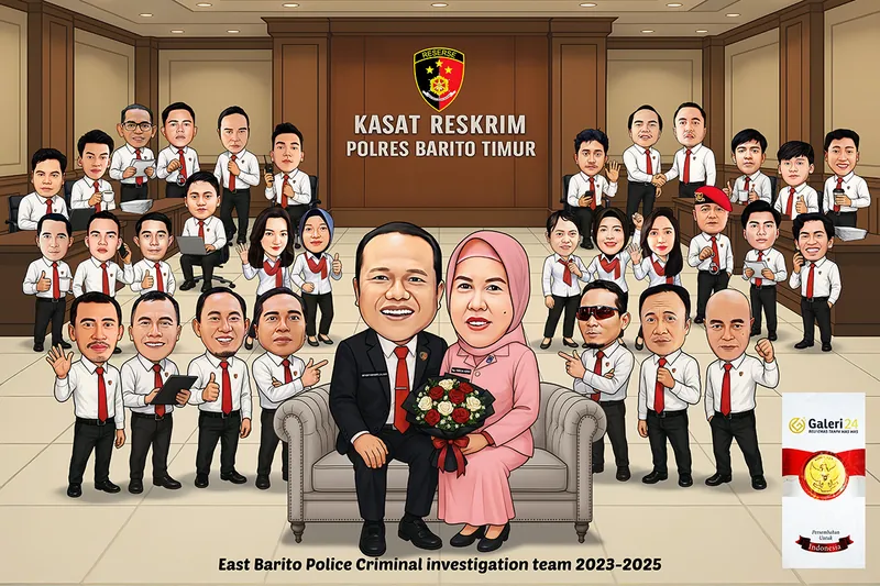 Karikatur kepala satuan berjas hitam berdasi merah duduk di sofa abu-abu bersama istri berbusana merah muda yang memangku buket bunga, dikelilingi sekitar tiga puluh staf berkemeja putih berdasi merah di ruang berdinding kayu