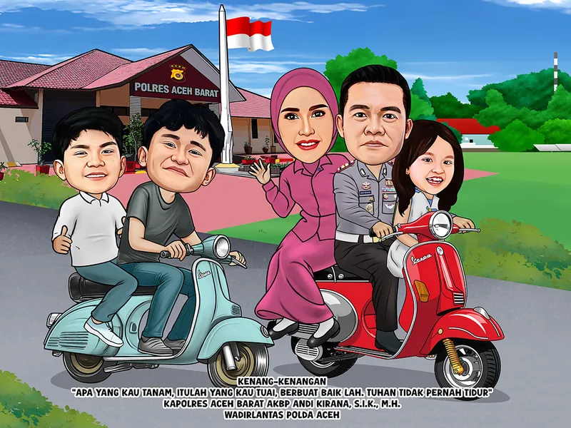 Karikatur kapolres berseragam cokelat mengendarai vespa merah bersama istri berbusana merah muda dan anak perempuannya, diikuti dua remaja di atas vespa hijau muda di halaman markas kepolisian resor