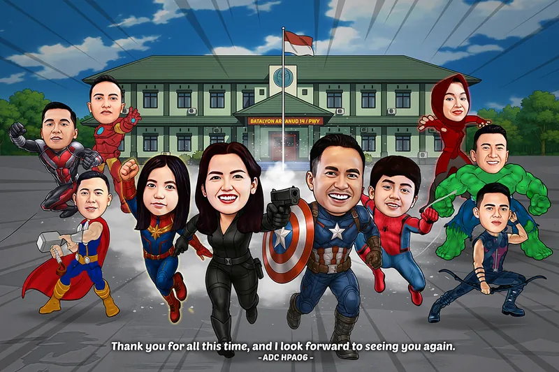 Karikatur dua belas anggota satuan artileri pertahanan udara mengenakan kostum pahlawan super lengkap dan berlari ke arah kamera, dengan gedung batalyon berpagar bendera di belakang mereka