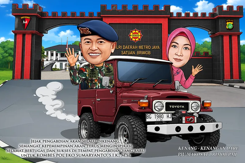 Karikatur perwira berseragam loreng berbaret biru melambai dari jip klasik merah marun, dengan istrinya berhijab merah muda di sisi kanan dan gerbang satuan brimob berbentuk benteng merah hitam di belakang