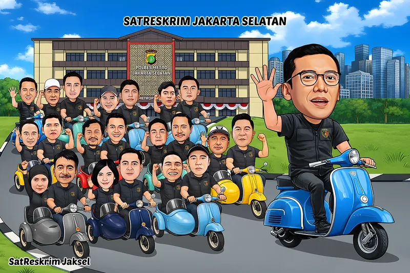 Karikatur kepala satuan berompi hitam mengendarai vespa biru di sisi kanan, diikuti sekitar dua puluh anggota berompi sama yang menunggangi belasan vespa aneka warna di depan gedung kepolisian resor metro
