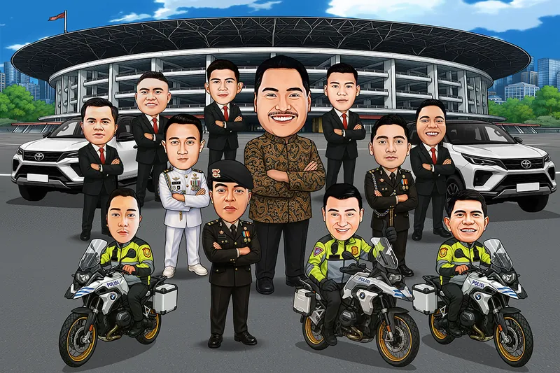 Karikatur seorang pria berbatik cokelat berdiri di tengah dua belas petugas berjas hitam dan berseragam matra, dengan tiga anggota lalu lintas menaiki motor patroli dan dua mobil putih mengapit di depan stadion utama