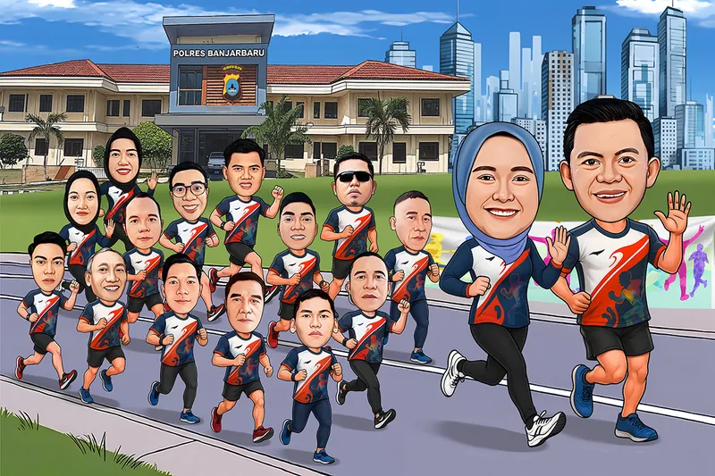 Karikatur enam belas anggota kepolisian berkaus lari merah putih biru berlari beriringan di lintasan, dengan kapolres dan istrinya memimpin di barisan paling depan dan gedung polres di kejauhan