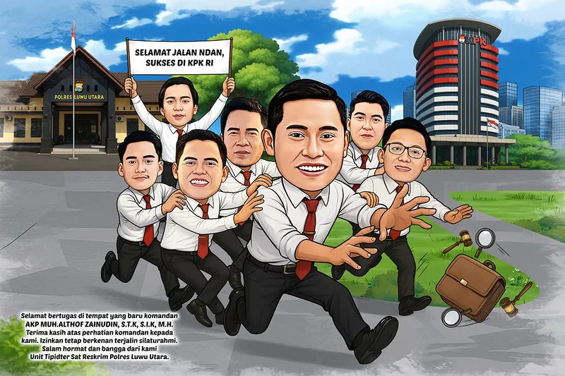 Karikatur seorang pria sebagai tokoh utama berlari menuju arah gedung KPK sambil diikuti beberapa rekan kerja yang mengenakan kemeja putih, dasi merah, dan celana hitam. Di belakang sebelah kiri terdapat gedung Polres Luwu Utara, sedangkan di sebelah kanan terdapat gedung KPK RI. Salah satu rekan membawa papan bertuliskan Selamat Jalan Ndan, Sukses di KPK RI. Di bagian kanan bawah terdapat tas kerja, palu hakim, dan kaca pembesar sebagai simbol dunia hukum dan penegakan hukum.