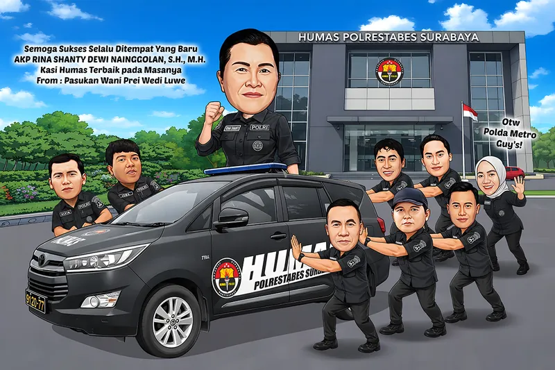 Karikatur kepala bagian humas mengepalkan tangan di atas mobil dinas berlivery humas, dengan delapan anggota berseragam hitam mendorong mobil itu beramai-ramai di depan gedung kepolisian kota