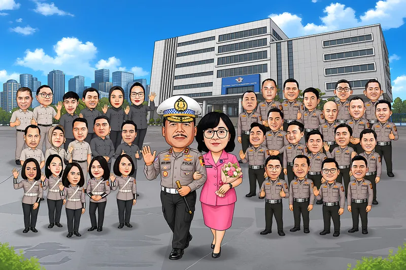 Karikatur pejabat bertopi pet putih menggandeng istri yang memegang buket bunga, dikelilingi sekitar tiga puluh lima anggota berseragam di halaman gedung pusat pengendalian lalu lintas