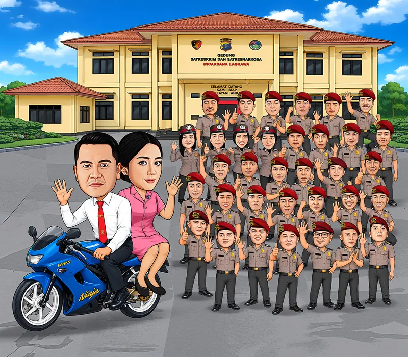 Karikatur seorang pria berkemeja putih berdasi merah mengendarai motor sport biru sambil memboncengkan istri berbusana merah muda, dengan sekitar tiga puluh lima anggota berseragam cokelat dan berbaret merah berbaris di depan gedung satuan reserse
