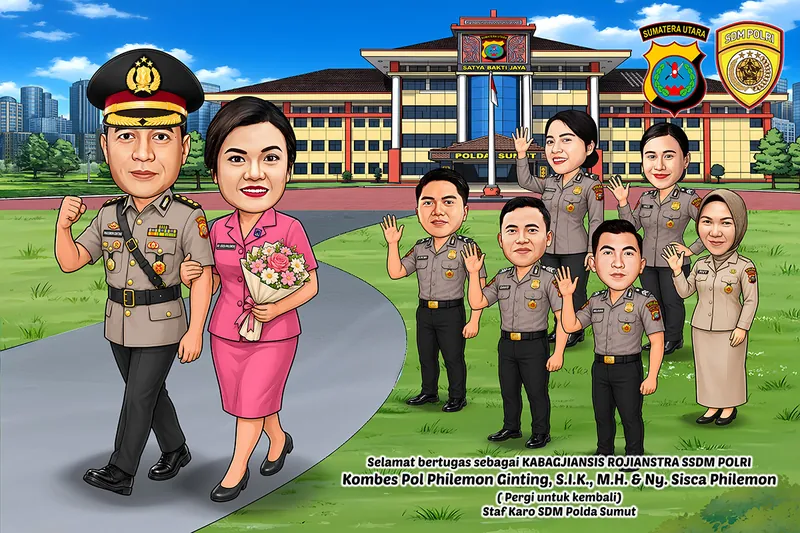 Karikatur pejabat bertopi pet hitam menggandeng istri berbusana merah muda yang membawa buket bunga, berjalan di jalur taman dengan enam anggota melambai di rumput dan gedung polda di belakangnya