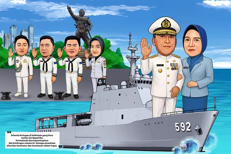 Karikatur komandan berseragam putih dinas upacara bersama istri berhijab biru muda berdiri di anjungan kapal perang bernomor lambung 592, dengan empat prajurit berseragam putih dan patung pahlawan laut di dermaga sebelah kiri
