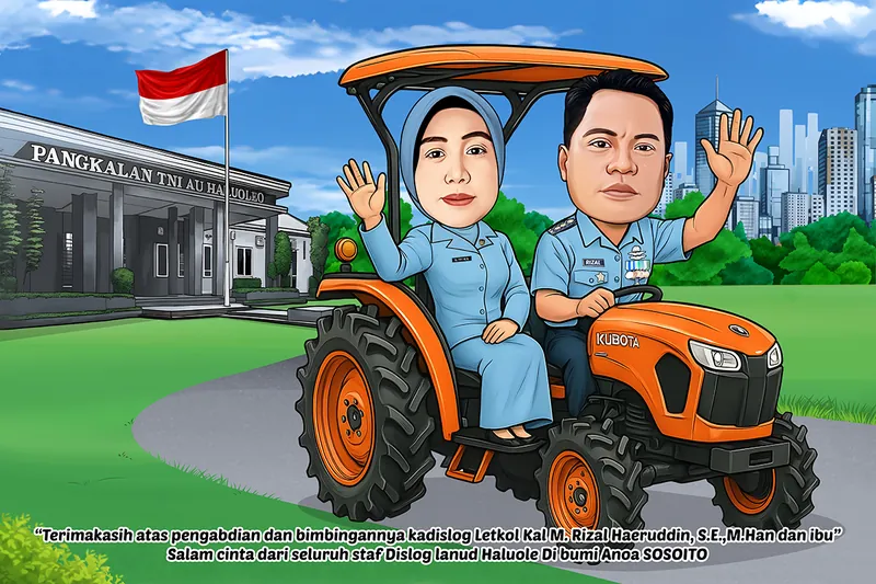 Karikatur perwira dan istrinya berseragam dinas biru muda menaiki traktor oranye di halaman berumput pangkalan udara, dengan gerbang pangkalan dan bendera merah putih di sebelah kiri