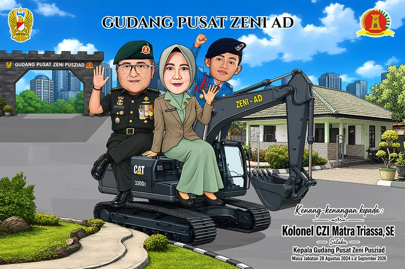 Karikatur perwira berseragam dinas hitam berpita jasa duduk di atas ekskavator bersama istri berbusana dinas cokelat hijau dan anaknya yang berseragam biru, di halaman gudang pusat zeni angkatan darat