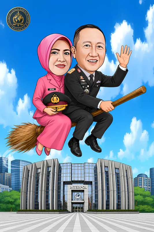 Karikatur perwira berseragam dinas hitam bersama istri berbusana merah muda terbang di atas sapu terbang, melayang di antara awan di atas gedung biro pusat kepolisian internasional
