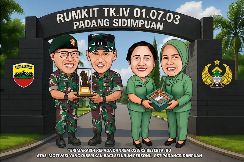 Karikatur dua perwira berseragam loreng menyerahkan plakat penghargaan dan dua perempuan berbusana dinas hijau memegang kotak kado, berdiri di bawah gerbang rumah sakit tingkat satuan