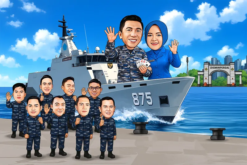 Karikatur perwira TNI AL bersama istri berdiri di haluan kapal perang bernomor lambung 875, dengan sembilan prajurit berseragam biru berbaris di dermaga