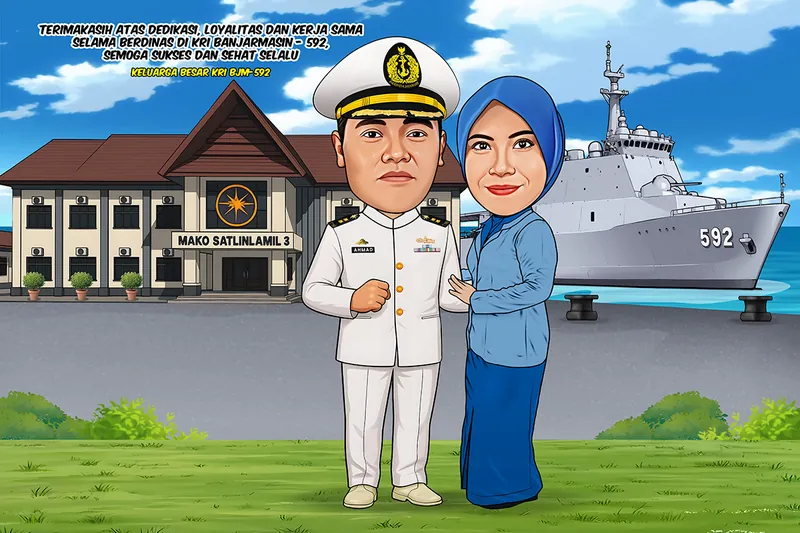 Karikatur perwira berseragam putih lengkap bersama istri berhijab berdiri di antara gedung markas satuan dan kapal perang bernomor lambung 592 yang bersandar di dermaga