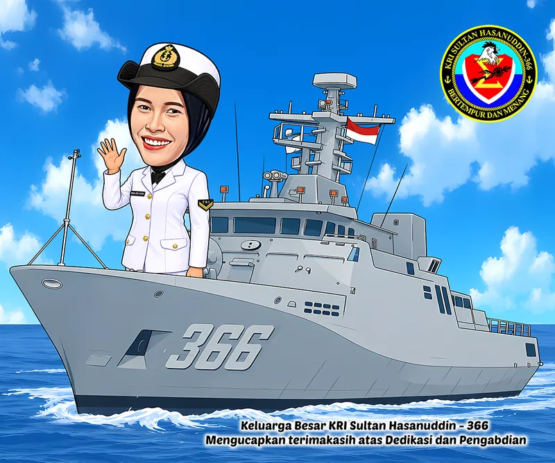 Karikatur prajurit perempuan berseragam putih dinas upacara melambai dari haluan kapal perang bernomor lambung 366 yang sedang berlayar di laut lepas, dengan lambang kesatuan kapal di sudut kanan atas