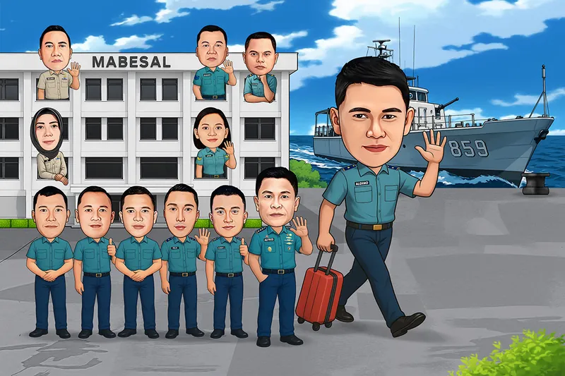 Karikatur perwira berseragam dinas hijau kebiruan berjalan menyeret koper merah, dengan enam rekan berbaris di halaman dan enam lainnya melongok dari jendela gedung markas besar angkatan laut, serta kapal patroli bernomor 859 di sebelah kanan